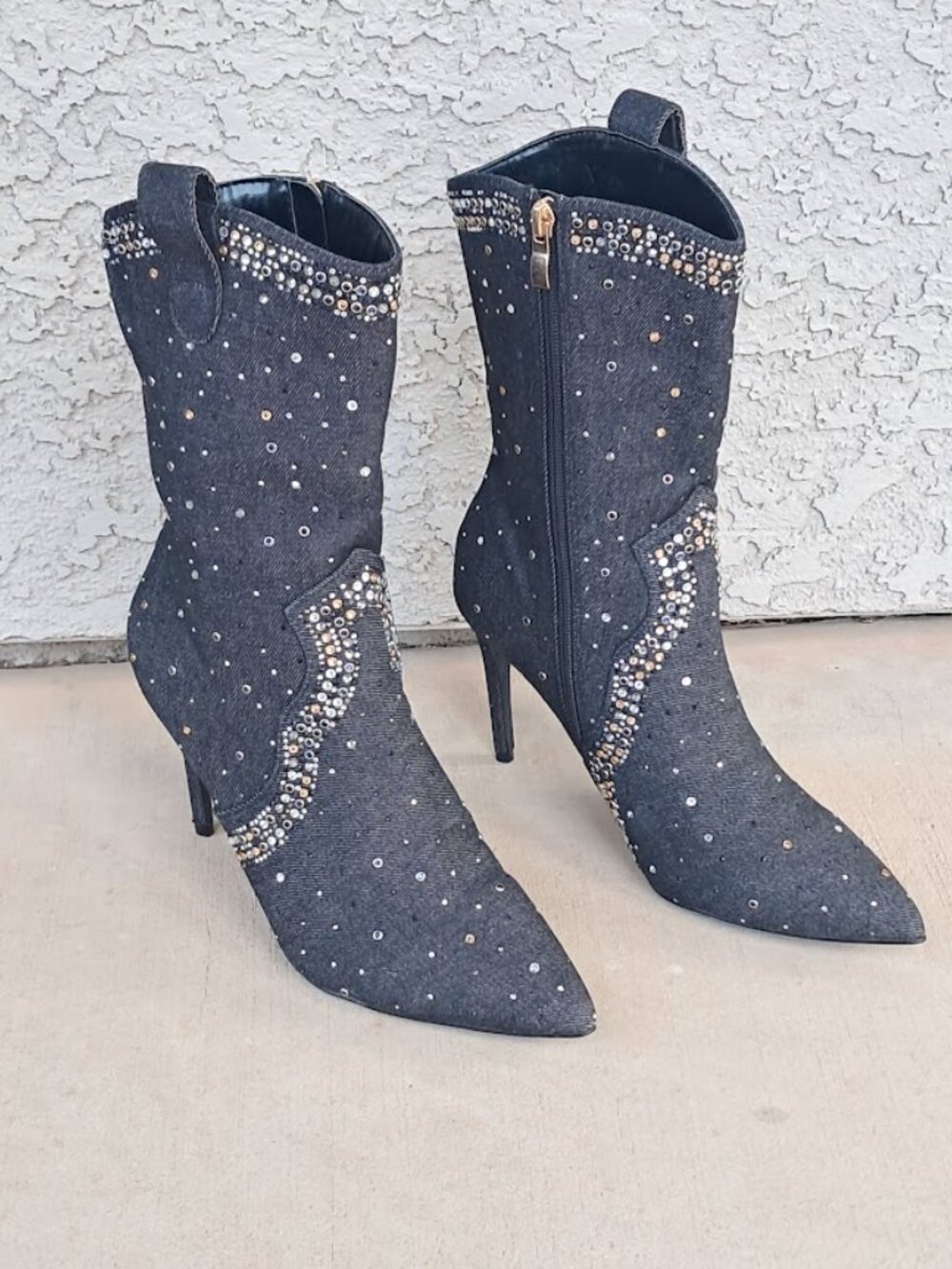 Embellished Dark Denim Western Pointed Toe Stiletto Heel Mid-Calf Cowgirl Boots